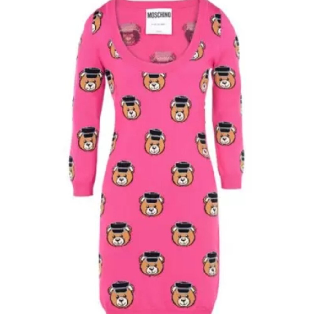 NWT Moschino Couture Jeremy Scott Teddy Bear Fuchsia Knit Wool Mini Dress M $895